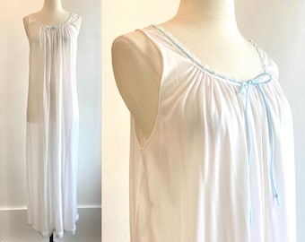 Lovely Vintage 50s 60s Dramatic DRAPED Nightgown / Blue Ribbon Trim Detail + Tie / Miss Elaine