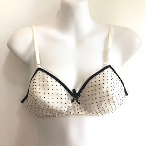 Vintage 50s Sweet White SWISS DOT Bra Top / Black Velvet Trim / Plaza 8 Polka-Dot / 36B