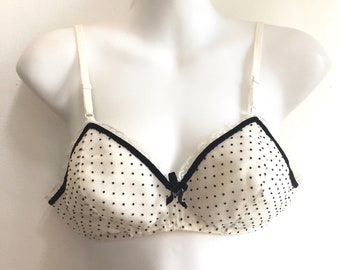 Vintage 50s Sweet White SWISS DOT Bra Top / Black Velvet Trim / Plaza 8 Polka-Dot / 36B