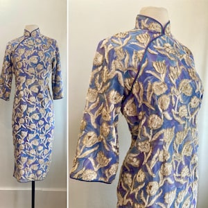 Vintage 50s 60s Dress / Cheongsam Qipao / UNIQUE Flocked + Lame Floral Print On Silk Chiffon / One of a Kind Special Occasion Piece