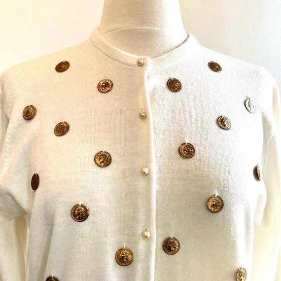 Vintage 50s Cardigan Sweater / 3D GOLD COIN Embel… - image 8