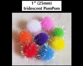 1" (25mm) Iridescent PomPom, LOT (x10 or x15) - Rat Toy, Cat Toy, Craft Supply