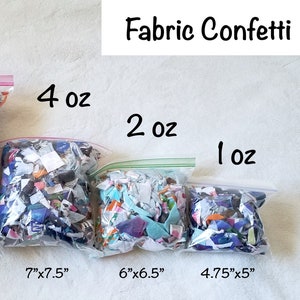 May include: Fabric confetti in clear bags of varying sizes. The bags are labeled with weights from 28g to 283g. The largest bag is 25cm x 25cm, and the smallest is 12cm x 13cm. The confetti is a mix of colorful fabric scraps.