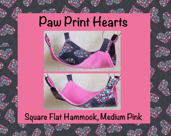 Paw Print Hearts Square Flat Hammock with Medium Pink Fleece, for rats, gerbils, sugargliders, chinchillas, ferrets, and more /made to order