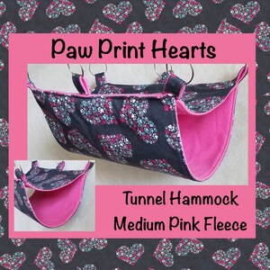 Paw Print Hearts Tunnel Hammock with Pink Fleece, for rats, gerbils, sugargliders, chinchillas, ferrets, and more