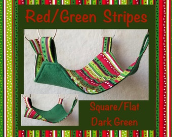 Red and Green Stripes with Dark Green fleece  - Square Flat Rat Hammock