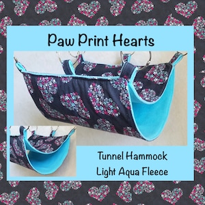 Paw Print Hearts Tunnel Hammock with Light Aqua Fleece, for rats, gerbils, sugargliders, chinchillas, ferrets, and more