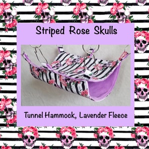 Tunnel Hammock (Multiple Sizes Available), Striped Rose Skulls with Lavender Fleece, for Rat Guinea Pig Sugarglider Ferret Degu Gerbil