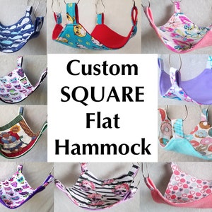 May include: A collage of 10 custom square flat hammocks for small pets. The hammocks are made from various fabrics with different patterns, including owls, donuts, hearts, and flowers. The hammocks are all attached to metal rings.