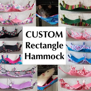May include: A collage of various custom rectangle-shaped hammocks for small pets, featuring different fabric patterns and colors. The text "CUSTOM Rectangle Hammock" is displayed in the center of the image.