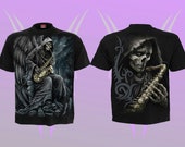 Spiral Reaper Blue Black T Shirt Front Back Print - Biker, Gothic, Reaper