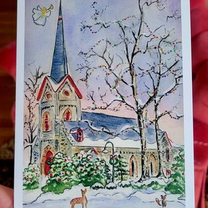 Set di 8 mattine di Natale, Chiesa di Cristo, illustrazioni della Chiesa con cari e volpe Biglietto di Natale piegato con busta