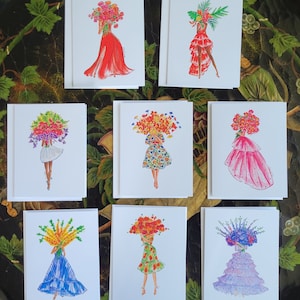 Conjunto de 8 cartões dobrados de flores femininas de buquê sortido, 4,25" x 5,50", com envelopes A2, papel de carta formal, damas de honra