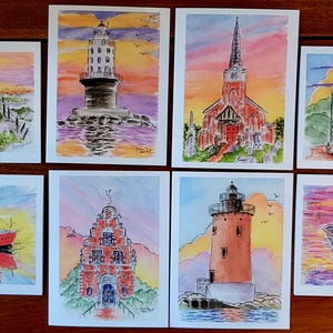 Coucher de soleil à Lewes, lot de 8 cartes pliées assorties, 4,25 x 5,50 pouces avec enveloppes A2, Lewes Delaware, papeterie de plage, Delaware, illustration