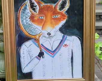 Mr. Fox is playing tennis 10"x12" Portrait, from Original Watercolor,  little fox portrait, fox in outfits