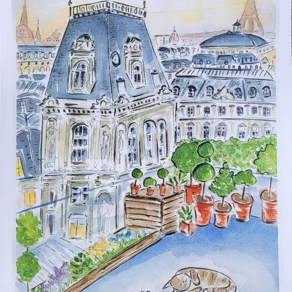 Parisian illustration,  Hotel de Ville Paris, Print from Original Watercolor,  8.5"x 11",EiffelTower,  France, Paris
