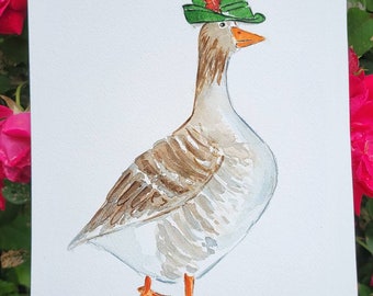Original watercolor/acrylic illustration/painting, goose Illustration. 7x10"