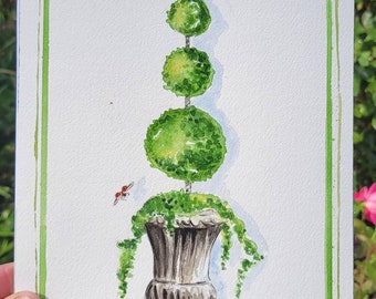 Original watercolor illustration/painting, Topiary illustration,  ladybug 7x10"