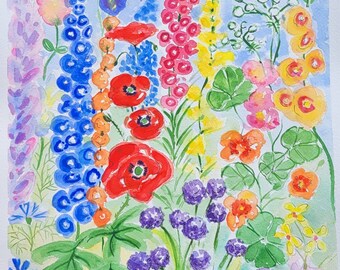 Original watercolor painting,  Hollyhocks garden, watercolor floral painting, 10x14"