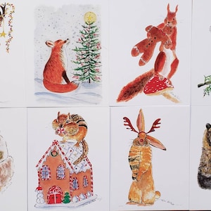 Lot de 8 cartes pliées assorties de 4,25 x 5,50 pouces pour les vacances de Noël, animaux des bois, renard, ours, hibou, tamia, écureuil, fantaisiste, propres artistes