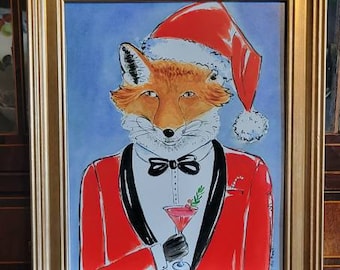 Mr. Fox in Smocked Jacket having a Christmas Cocktail framed 10"x12" Portrait, from Original Watercolor