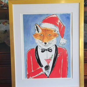 May include: A watercolor painting of a fox wearing a red suit, a black bow tie, and a Santa hat. The fox is holding a red cocktail in a martini glass. The painting is signed "Nicky Rat" in the bottom right corner.