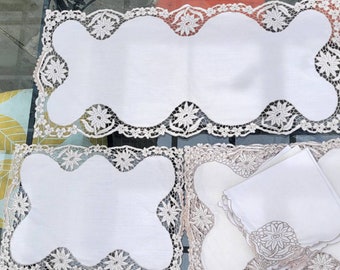Lot of  8 Vintage Antique  hand embroidered Richelieu Linen placemats,  napkins and table runner