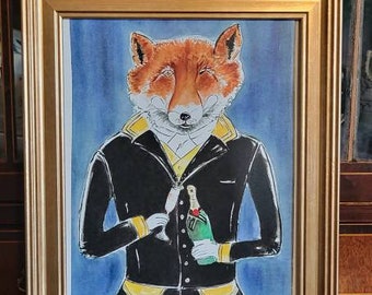 Mr. Fox in French hunting Jacket having a glass of Champagne framed 10"x12" Portrait, from Original Watercolor
