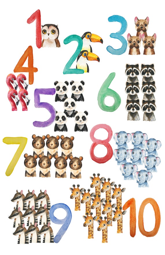 Number Poster 123 Poster Kids Number Chart Animal Etsy