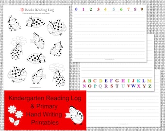 May include: Black and white printable worksheet with a ladybug theme. The worksheet includes a reading log with 10 ladybugs to color, a number line with numbers 0-9, and a lined sheet with the alphabet. The text "10 Books Reading Log" and "Kindergarten Reading Log & Primary Hand Writing Printables" is included.