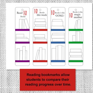 May include: Four reading bookmarks with the text "Read 10 Books", "10 Books this week", "Books is the GOAL!", and "Books is the magic number". Each bookmark features a bookshelf design with stacks of books in various colors.