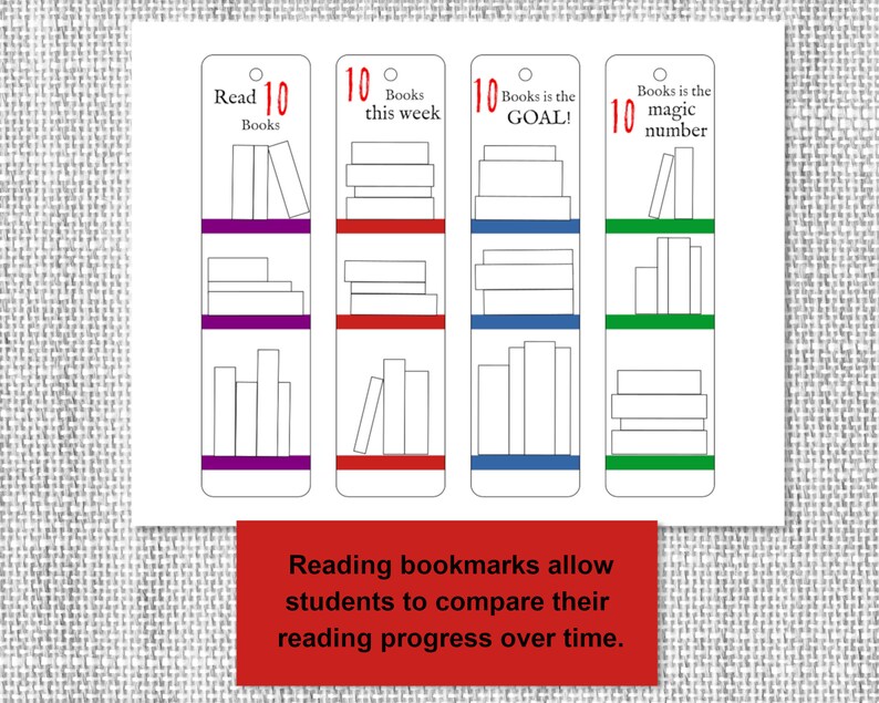 May include: Four reading bookmarks with the text "Read 10 Books", "10 Books this week", "Books is the GOAL!", and "Books is the magic number". Each bookmark features a bookshelf design with stacks of books in various colors.