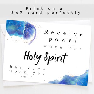 May include: A watercolor card with a blue and gold design. The card has the text "Receive power when the Holy Spirit has come upon you" and "Acts 1:8".