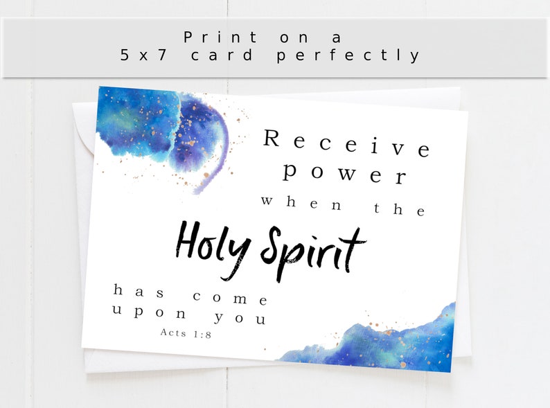 May include: A watercolor card with a blue and gold design. The card has the text "Receive power when the Holy Spirit has come upon you" and "Acts 1:8".