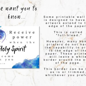 May include: A printable wall art design with a blue watercolor background and gold accents. The text reads "Receive power when the Holy Spirit has come upon you Acts 1:8". The text explains that some printers may not be able to print to the edge of the paper, leaving a white border.