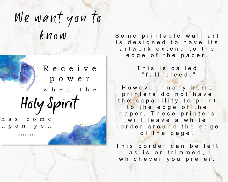 May include: A printable wall art design with a blue watercolor background and gold accents. The text reads "Receive power when the Holy Spirit has come upon you Acts 1:8". The text explains that some printers may not be able to print to the edge of the paper, leaving a white border.