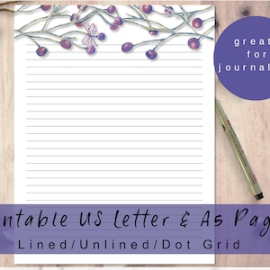 Papel de carta elegante, papel de escritura digital con acuarela, papel de diario imprimible A5, papelería morada imprimible, página de papelería con acuarela