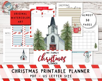 May include: Printable Christmas planner with watercolor illustrations of a church, snowmen, and a mug of hot chocolate. The planner includes wish lists, shopping lists, notes pages, and a calendar. It has almost 50 pages and is US letter size.
