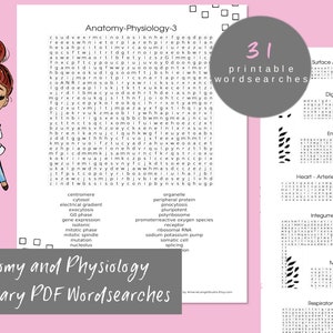 May include: A set of 31 printable word searches for anatomy and physiology vocabulary. The word searches are black and white and feature a variety of terms related to the human body.