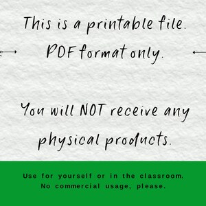 May include: A digital printable file in PDF format. The text states that no physical products will be received. The file is for personal or classroom use only, with no commercial usage permitted. The background is white with a green bar at the bottom.