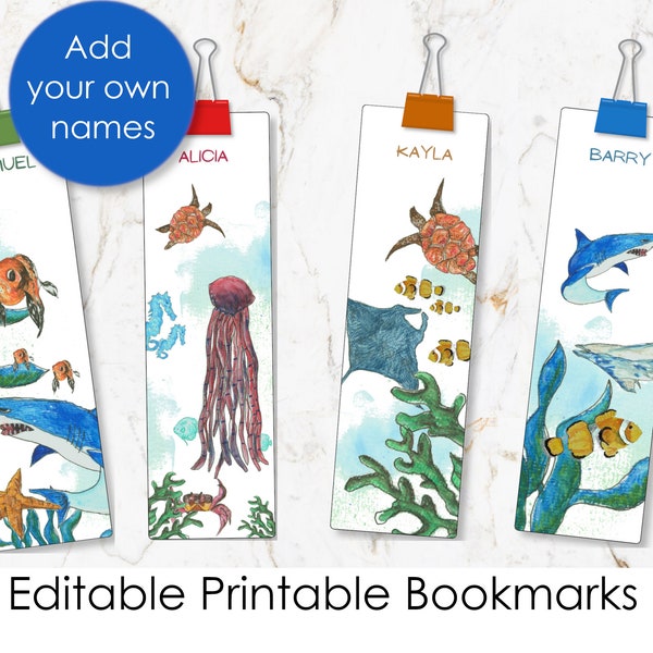 Watercolor ocean bookmarks Printable bookmarks for kids Editable bookmarks for students Sea life bookmarks Ocean life printable