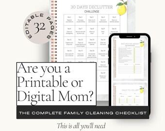 May include: A printable or digital cleaning checklist with 30 days of decluttering challenges. The checklist includes a daily to-do list, bathroom cleaning checklist, and a lemon graphic. The text "Are you a Printable or Digital Mom?" is displayed on the image.