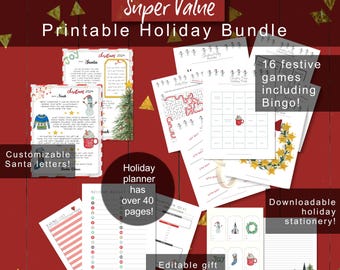 May include: A collection of printable holiday items on a red wooden surface. The bundle includes customizable Santa letters, a holiday planner with over 40 pages, 16 festive games including Bingo, and downloadable holiday stationery. The text "Super Value Printable Holiday Bundle" is at the top.