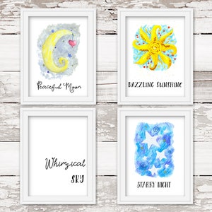 Printable celestial nursery wall art, Moon stars nursery, Watercolor moon and stars, Nursery sun and moon, Neutral boho nursery prints