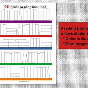 May include: A printable reading bookshelf chart with the text "100 Books Reading Bookshelf." The chart features shelves in purple, red, blue, green, and orange, each holding outlined book illustrations. A red rectangle states the chart allows students to color in books and chart progress.