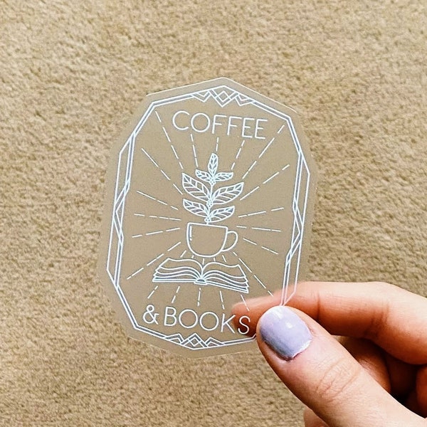Coffee and Books Sticker / Clear laptop decal with white writing / Coffee lover gift / Art deco inspired, bookish, book lover sticker