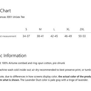 May include: Size chart for a Bella+Canvas 3001 Unisex Tee, showing chest measurements in inches for sizes S, M, L, XL, 2XL, and 3XL. Fabric information includes material and care instructions. The text states that the actual color of the product may vary from what is shown on screen.