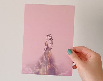 May include: A line drawing of a person wearing a dress made of clouds. The dress is a gradient of pink, purple, and blue. The background is a light pink.