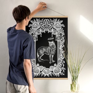 Crowned Wolf Poster with Wood Hanger - Witchy Gothic Wall Art Home Decor