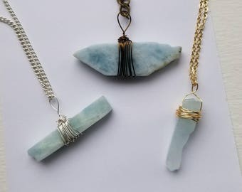 Raw Aquamarine Healing Necklace, wire wrapped, custom made, cancer awareness